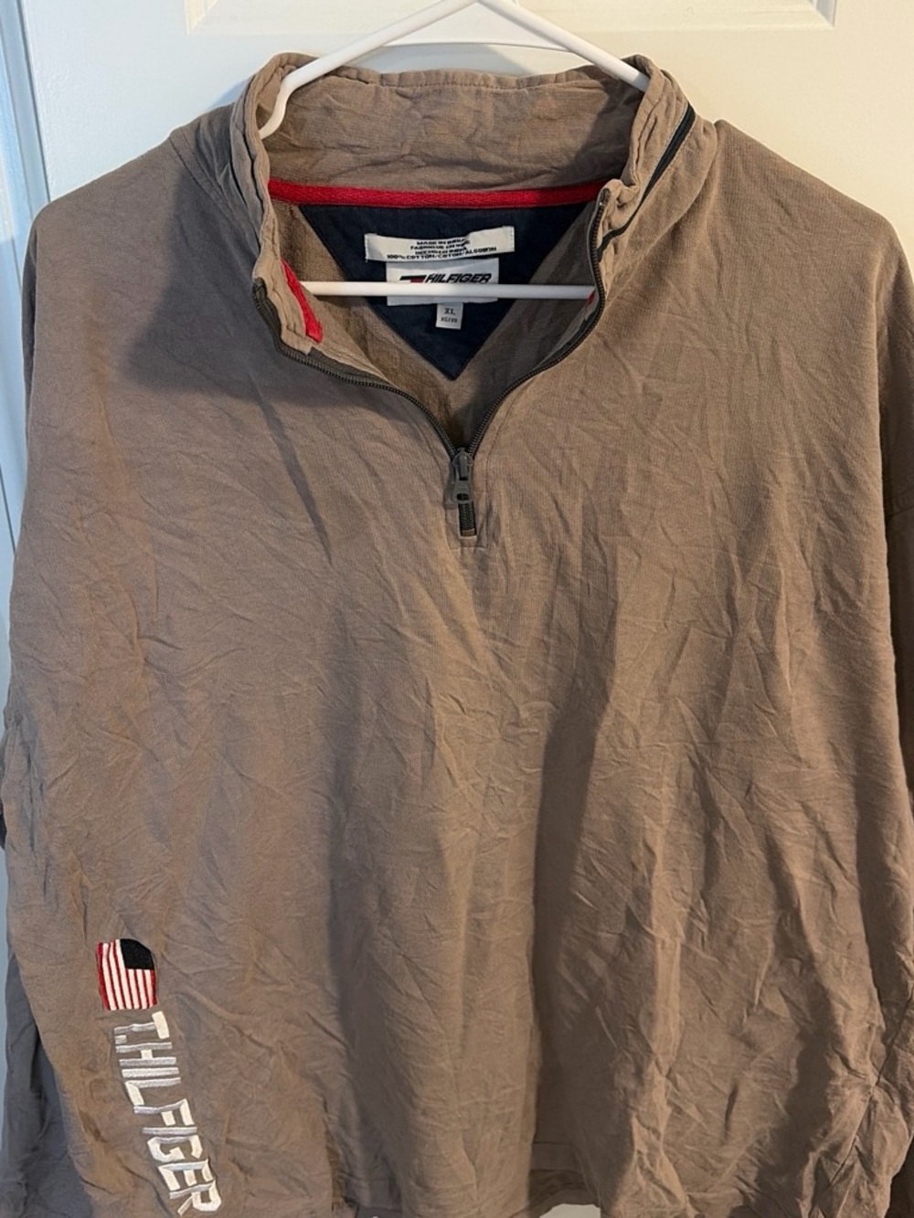 Tommy Hilfiger Men's Taupe Zip-Up Pullover with Red Trim